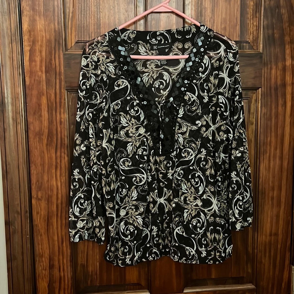 Black, Tan, and White Floral Sheer Top